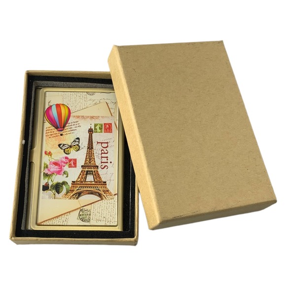 Business Card Holder, Paris Eiffel Tower Postcard, Brass & Glass Case, Gift Box - Picture 3 of 5